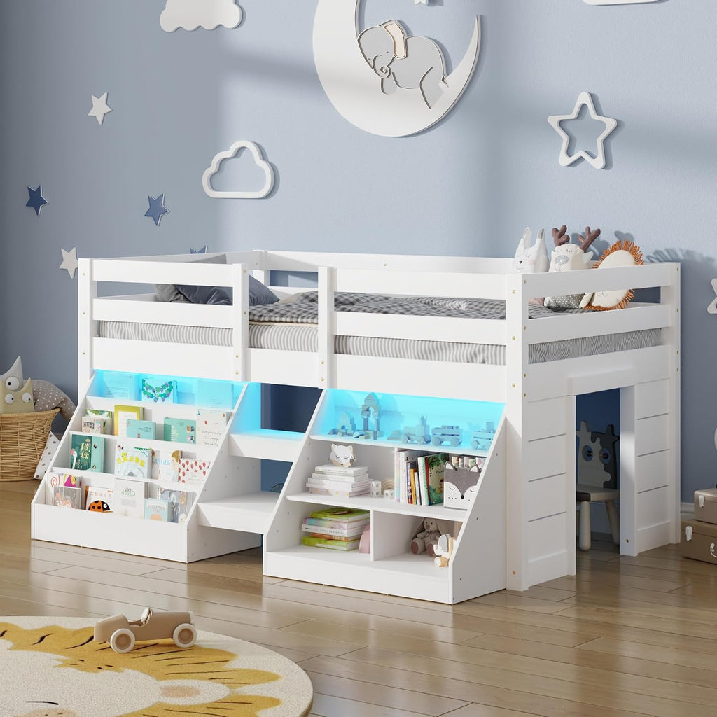 St.Mandyu Twin Size Low Loft Bed with LED Lights, Twin Loft Bed with Stairs, Bookcase, Safety Guardrail and Under-Bed Play Space, White
