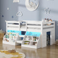 St.Mandyu Twin Size Low Loft Bed with LED Lights, Twin Loft Bed with Stairs, Bookcase, Safety Guardrail and Under-Bed Play Space, White