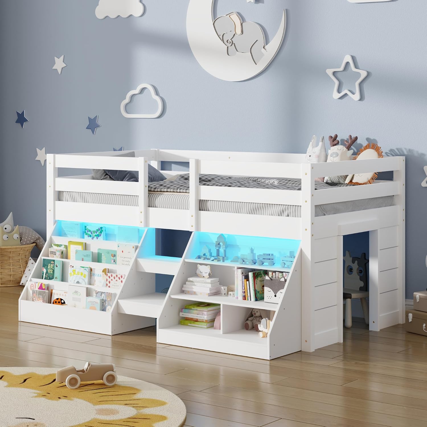 St.Mandyu Twin Size Low Loft Bed with LED Lights, Twin Loft Bed with Stairs, Bookcase, Safety Guardrail and Under-Bed Play Space, White