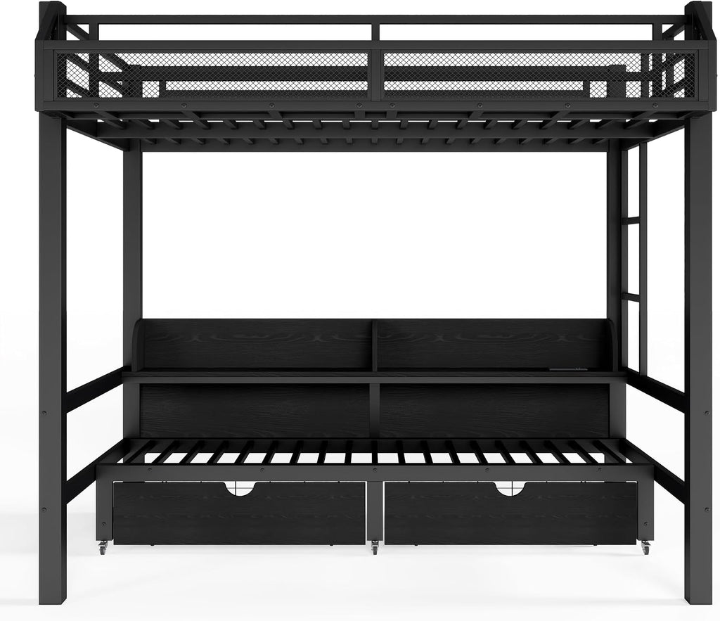 LUMISOL Twin Black Metal Bunk Bed with Storage Shelves and Drawers, Space-Saving Bunk Bed with Lights and USB Ports, Lower Bunkbed Can be Converted Sofa, Muti-Function & Noise-Free