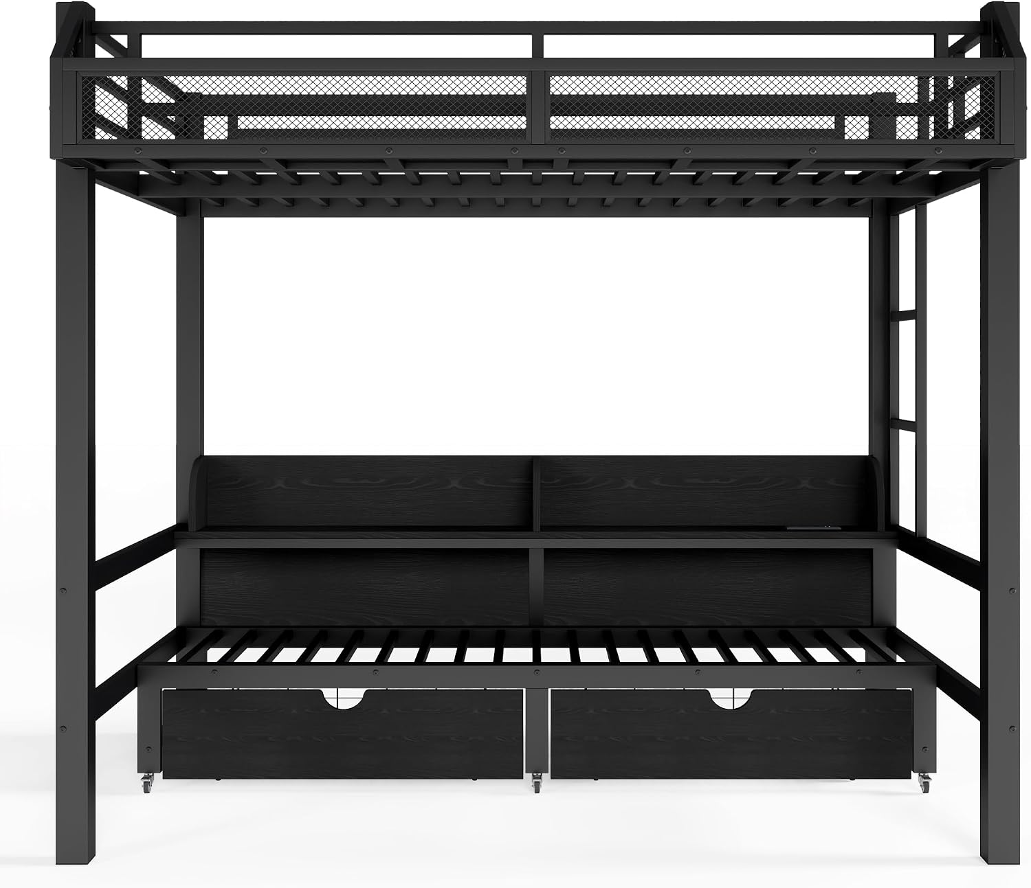 LUMISOL Twin Black Metal Bunk Bed with Storage Shelves and Drawers, Space-Saving Bunk Bed with Lights and USB Ports, Lower Bunkbed Can be Converted Sofa, Muti-Function & Noise-Free