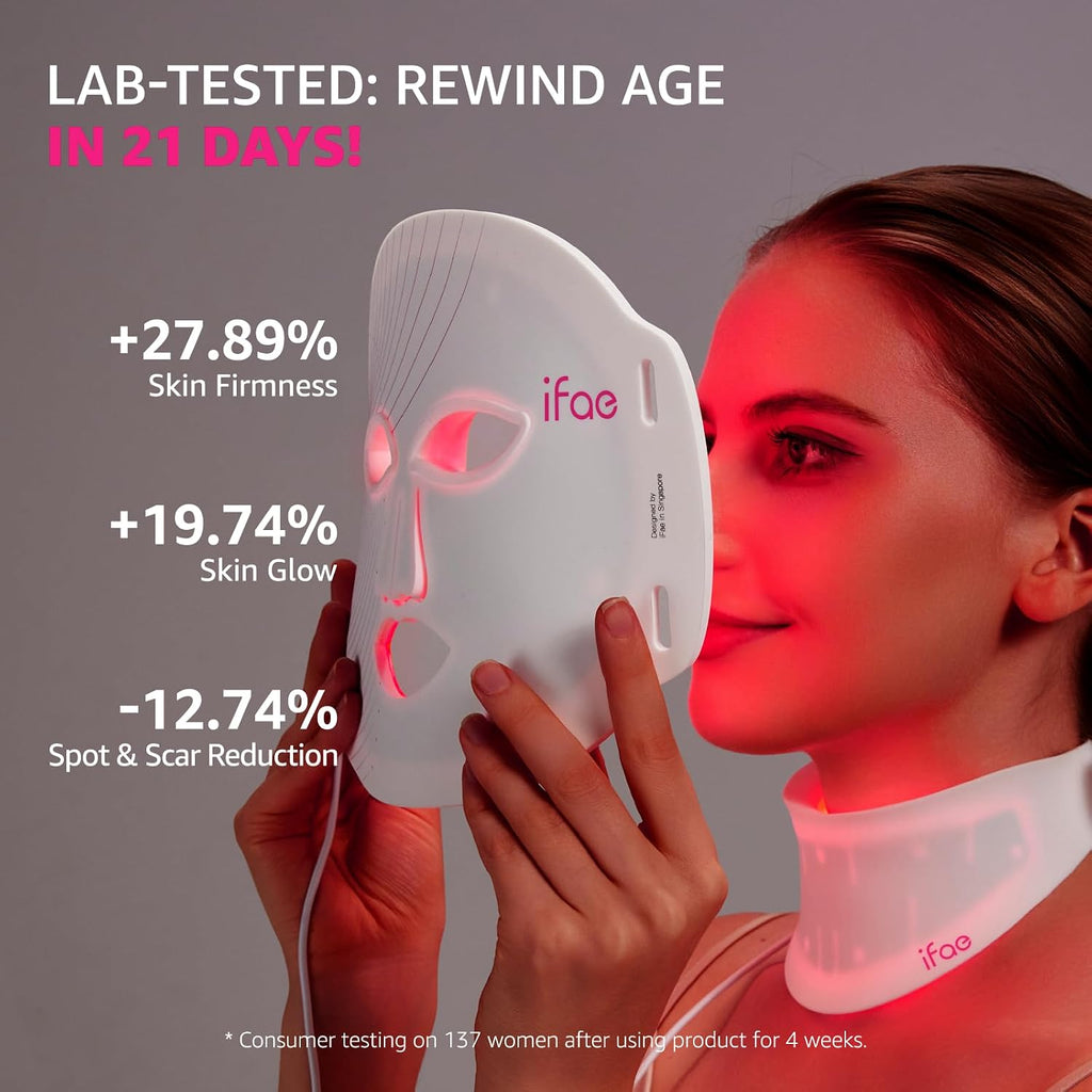 Red Light Therapy Mask for Face and Neck, 7 Colors with NIR Led Face Mask Light Therapy with Eye Protection and Remote, Rechargeable Ergonomic Design for True Anti-Aging Skincare at Home White