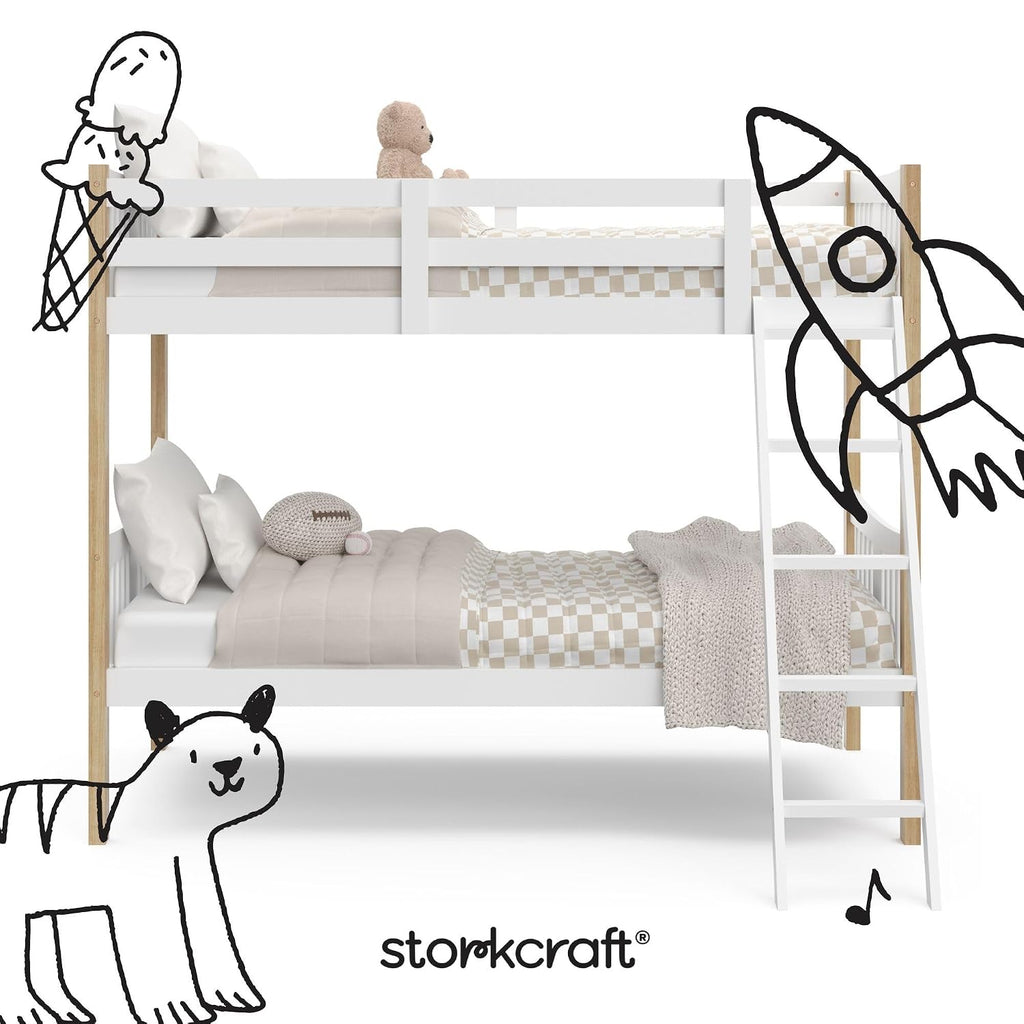 Storkcraft Caribou Bunk Bed Twin Over Twin Bunk Bed (White with Natural) - GREENGUARD Gold Certified, Converts to 2 Individual Beds
