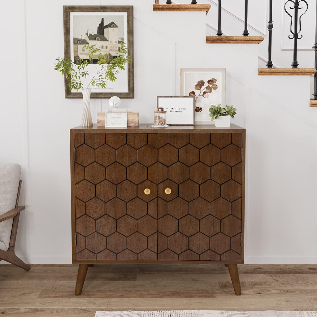 COSIEST Set of 3 32' Storage Sideboards with Doors, Accent Cabinets with Magnetic Push-to-Open Doors, Brown Honeycomb Pattern, Entryway Console for Living Room, Kitchen, Hallway