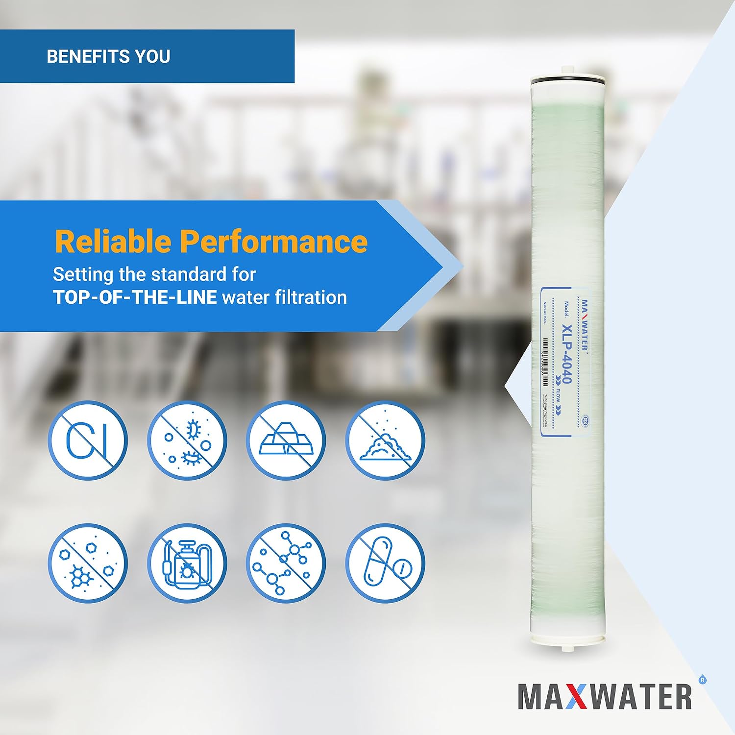 Max Water XLP-4040 Reverse Osmosis 4' x 40' RO Membrane, 2300 GPD | XLP 4040 For Water Purification Desalination Commercial, Industrial, Agricultural