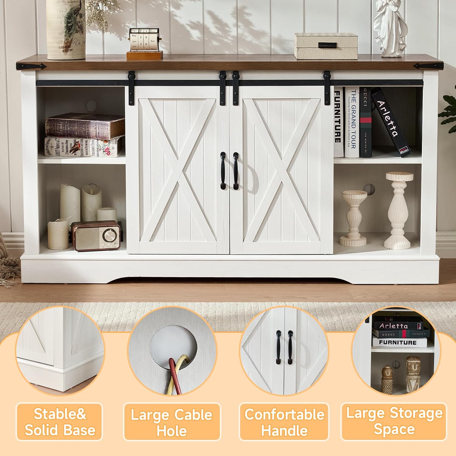 ROCKPOINT 58' Fireplace TV Stand for TV up to 65 Inch with Farmhouse Tall Sliding Barn Doors, Entertainment Center with Storage Cabinet, 23' Electric Fireplace with Remote, White