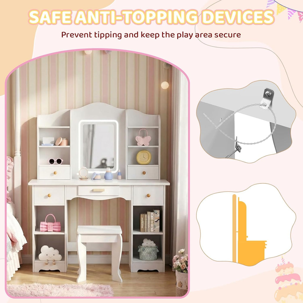 Arlopu Kids Vanity with 3-Color Lights, Girls Vanity Set w/Large Storage, Mirror ＆ Stool, 2 in 1 Princess Wooden Pretend Play Makeup Desk, Dressing Table and Chair, Open Shelves, Drawer (White)