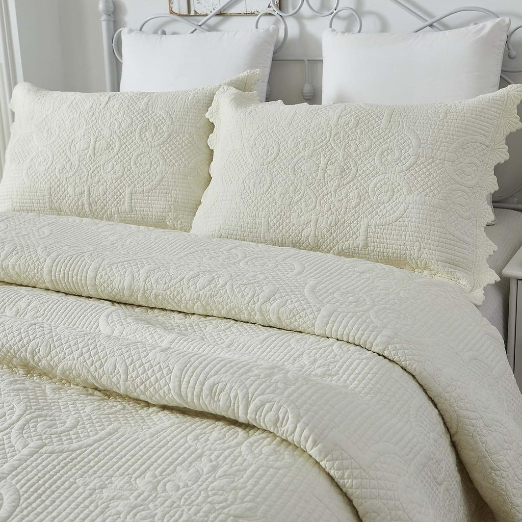 Brandream King Size Quilt Set Cotton Scalloped Quilt Cream Yellow 3 Piece | Real Stitching