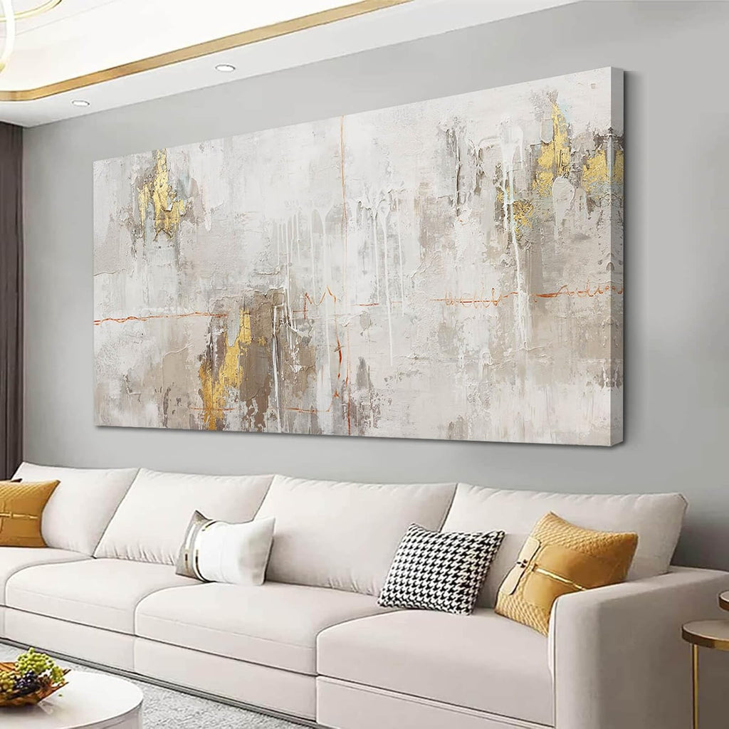 VAYIMDH Minimalist Wall Decor White with Gold Canvas Wall Art Grunge Posters Modern Abstract Paintings for Living Room Bedroom Dining Room 29'x 58'