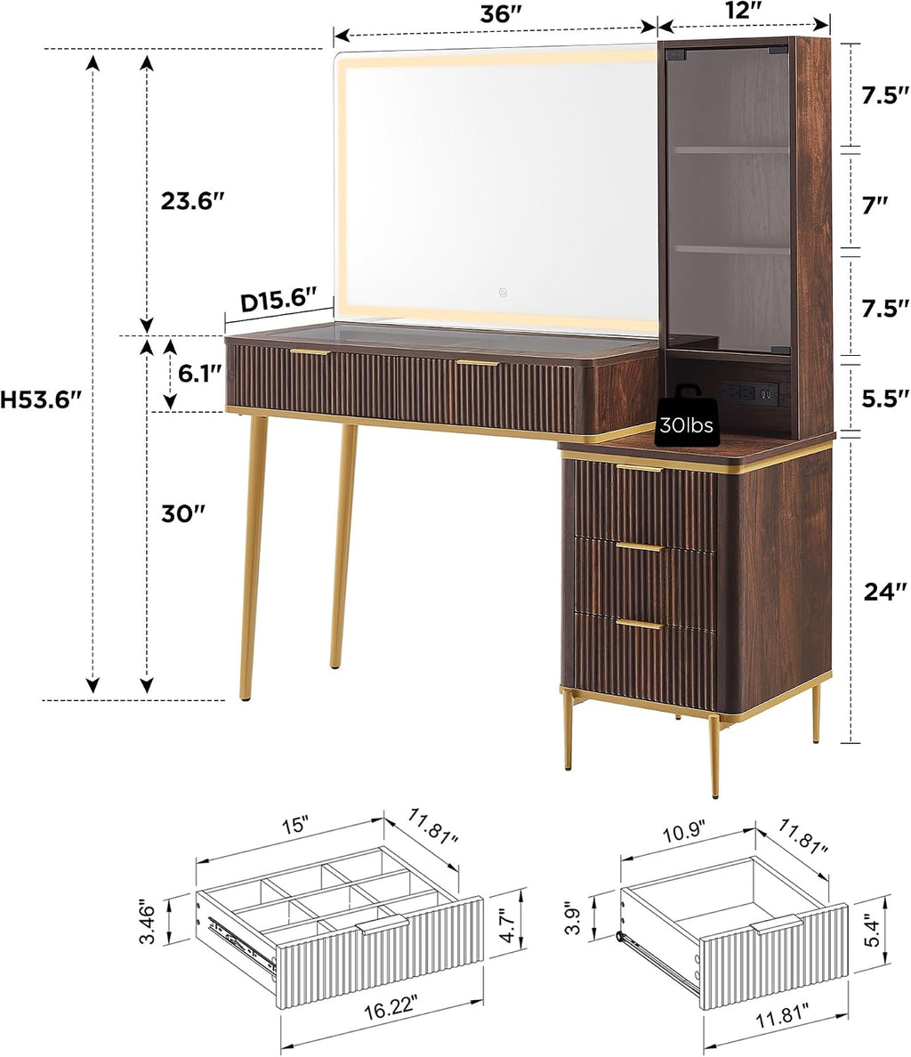 T4TREAM Fluted Makeup Vanity Desk with 36' HD Lighted Mirror, 48' Big Modern Vanity Desk with Mirror and Lights, Dressing Table with 5 Drawers & Shelves, Glass Top for Bedroom, Dark Walnut