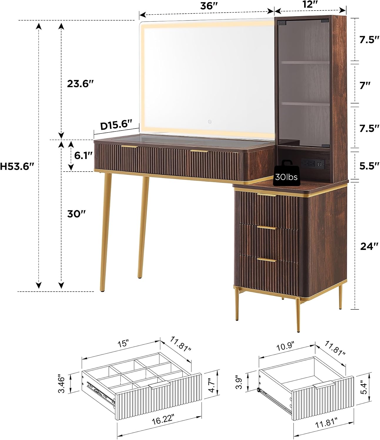 T4TREAM Fluted Makeup Vanity Desk with 36' HD Lighted Mirror, 48' Big Modern Vanity Desk with Mirror and Lights, Dressing Table with 5 Drawers & Shelves, Glass Top for Bedroom, Dark Walnut
