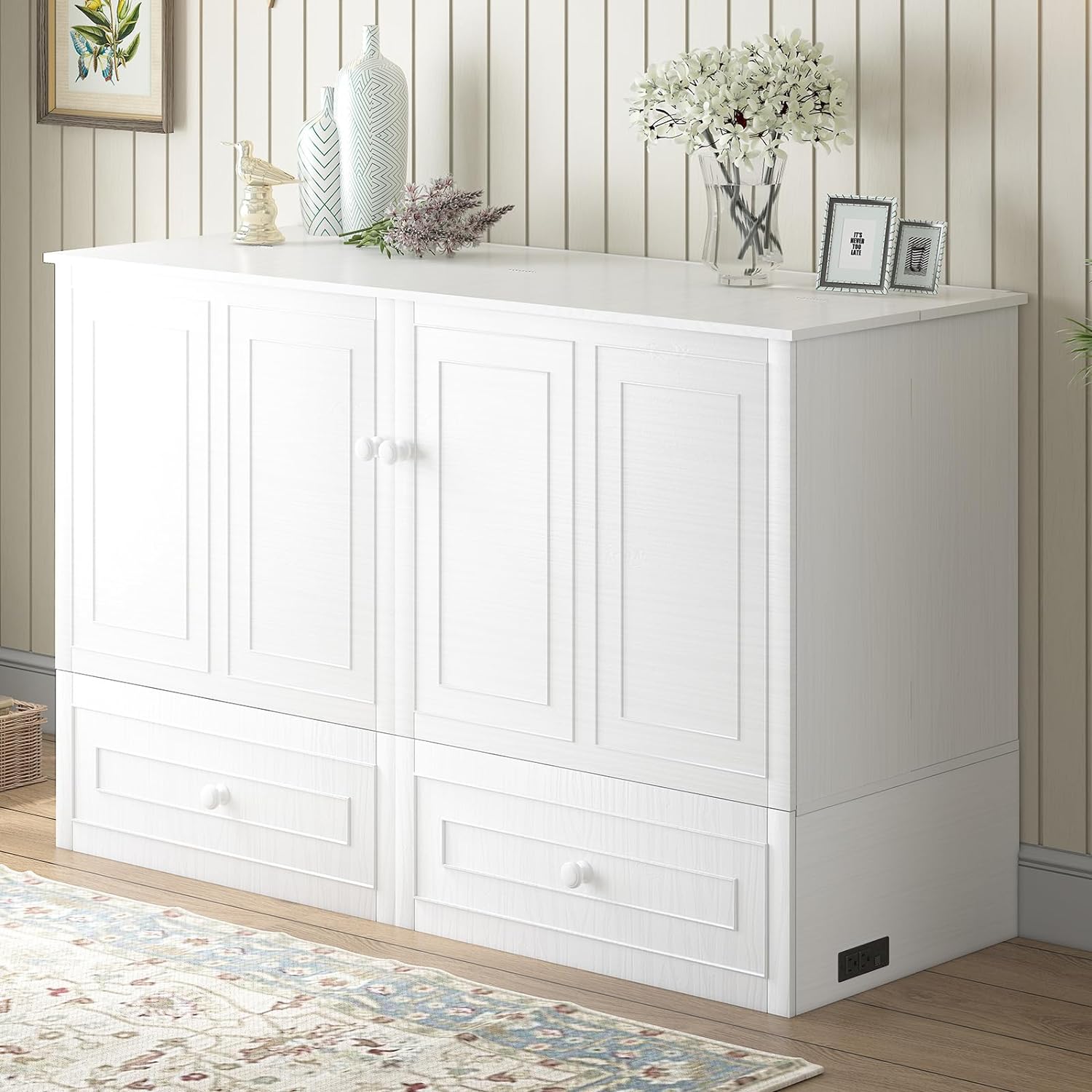 BALUS Queen Size Cabinet Murphy Bed, Modern Murphy Beds for Bedroom, Adults Chest Cabinet Wall Bed with Built-in USB Charging Station, Storage Drawer for Living Room, No Mattress(White)