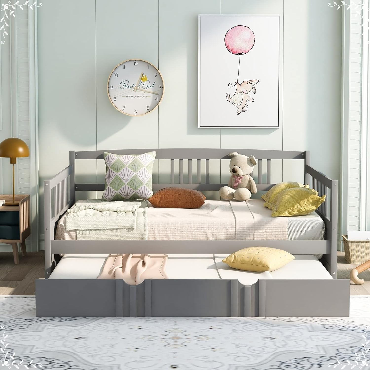 Full Trundle Bed, Bed for Men Grey Solid Wood Bohemian Sofa Bed with Metal Slats Daybed for Teen Adult Bedroom Living Room