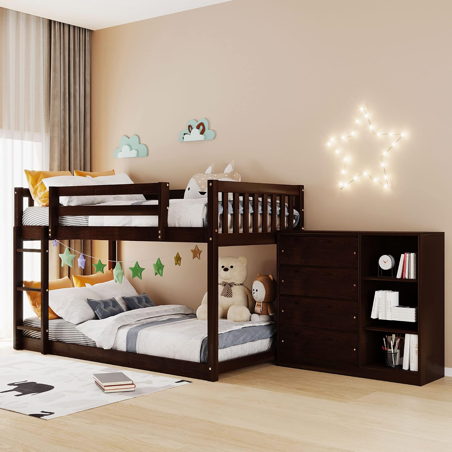 Twin-Over-Twin Size Bunk Bed, Bedroom Furniture Pine Wood Bed Frame with Storage Drawers and Open Shelves, Drawers and Shelves Set Can Be Moved, for Kids & Teens (Espresso)
