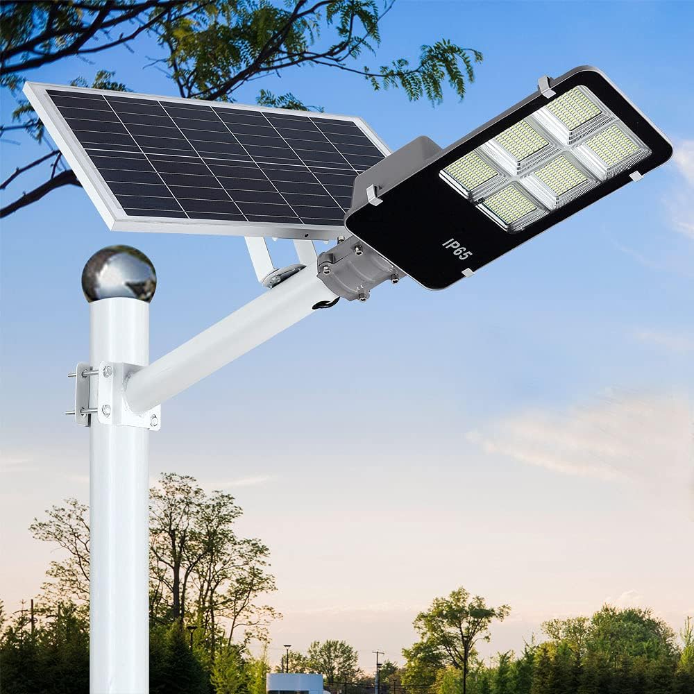 6000W LED Solar Street Lights Outdoor, Dusk to Dawn Security Flood Light with Remote Control & Pole, Wireless, Waterproof, Perfect for Yard, Parking lot, Street, Garden and Garage