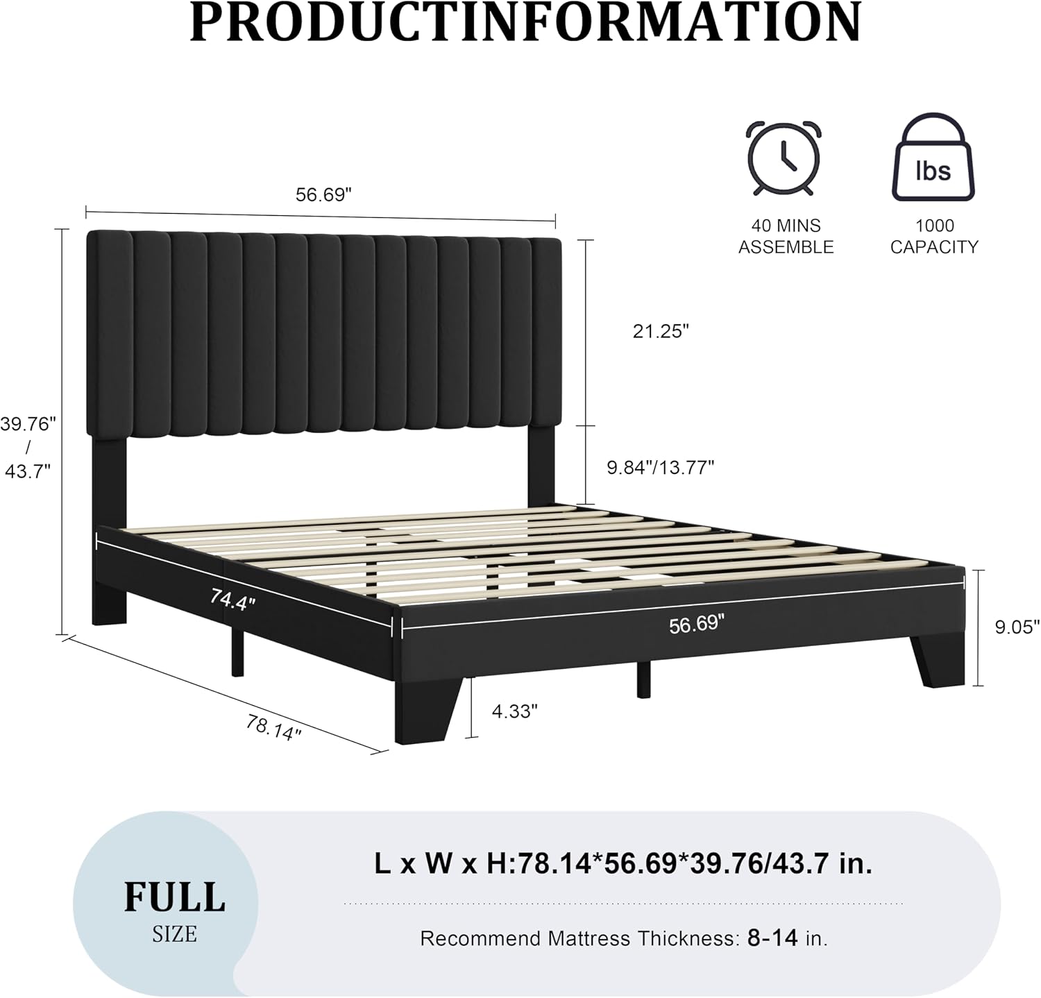Full Bed Frame, Velvet Upholstered Platform Bed Frame with Adjustable Headboard, Vertical Quilted Design, Sturdy Slatted Mattress Base, Easy to Assemble, Black