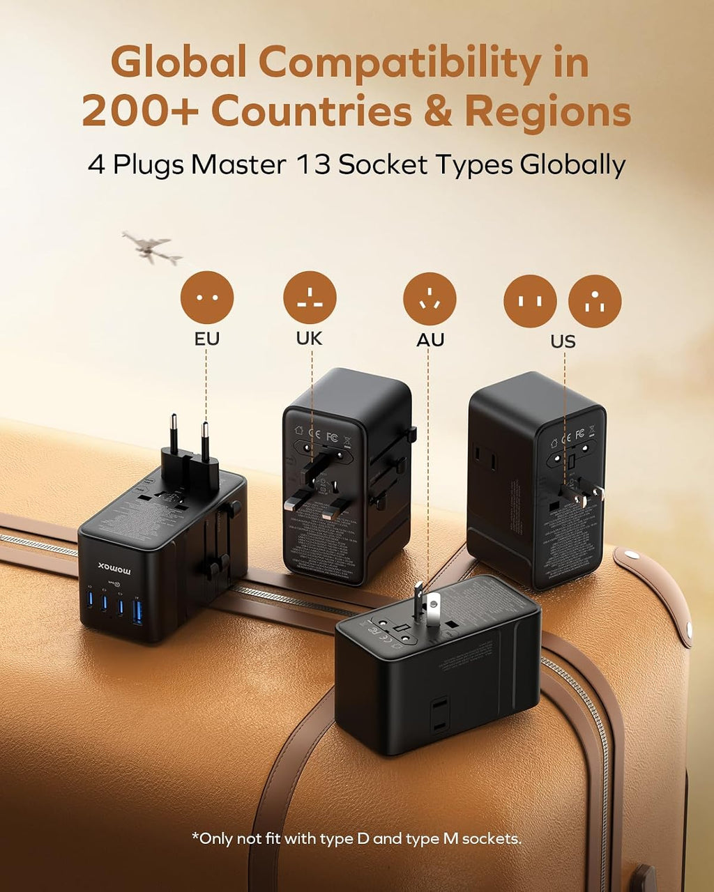 Momax 9-in-1 High-Power Universal Travel Adapter, 205W GaN Worldwide Charging Hub with 6 USB-C & 1 USB-A, AC Outlet, Type A/C/G/I Plugs for 200+ Countries, Safe for Laptops, Phones, Cruise Ready