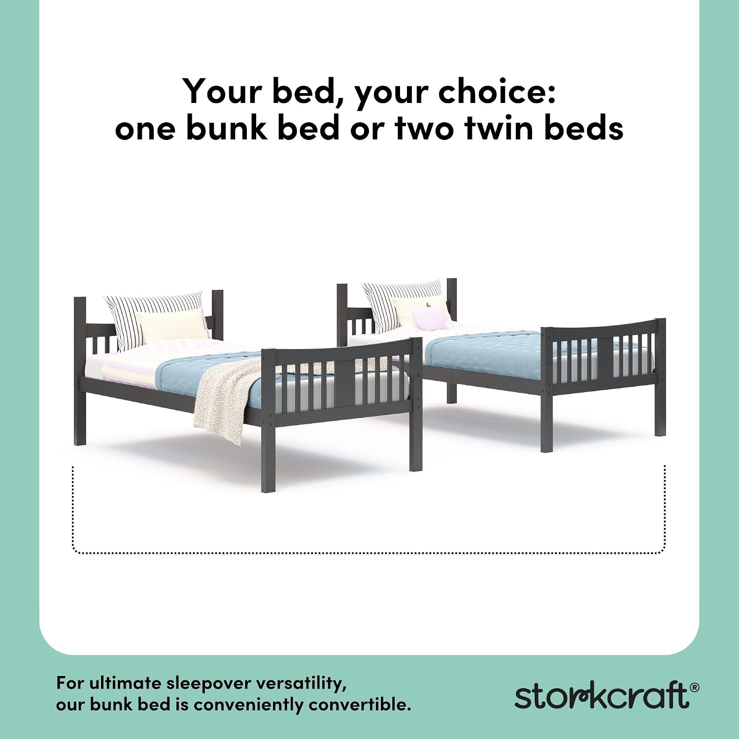 Storkcraft Caribou Bunk Bed Twin Over Twin Bunk Bed (Gray) - GREENGUARD Gold Certified, Twin Bunk Beds for Kids, Converts to 2 Individual Twin Beds, Bunk Beds for Kids