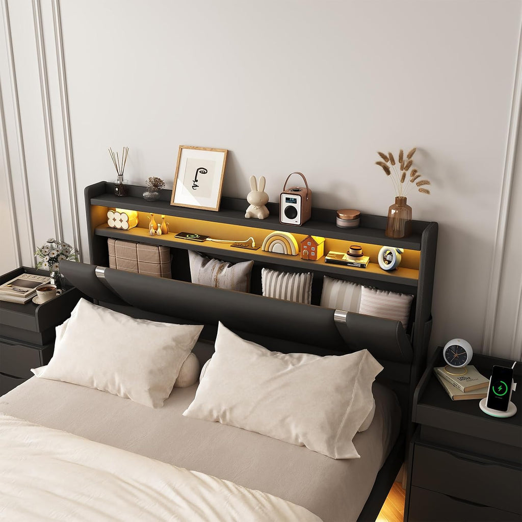 Floating Bed Frame with Storage Headboard, Modern Black King Size Bed Frame with LED Light and Charging Station, Upholstered Platform Bed Frame, No Box Spring Needed, Metal Frame Noise-Free
