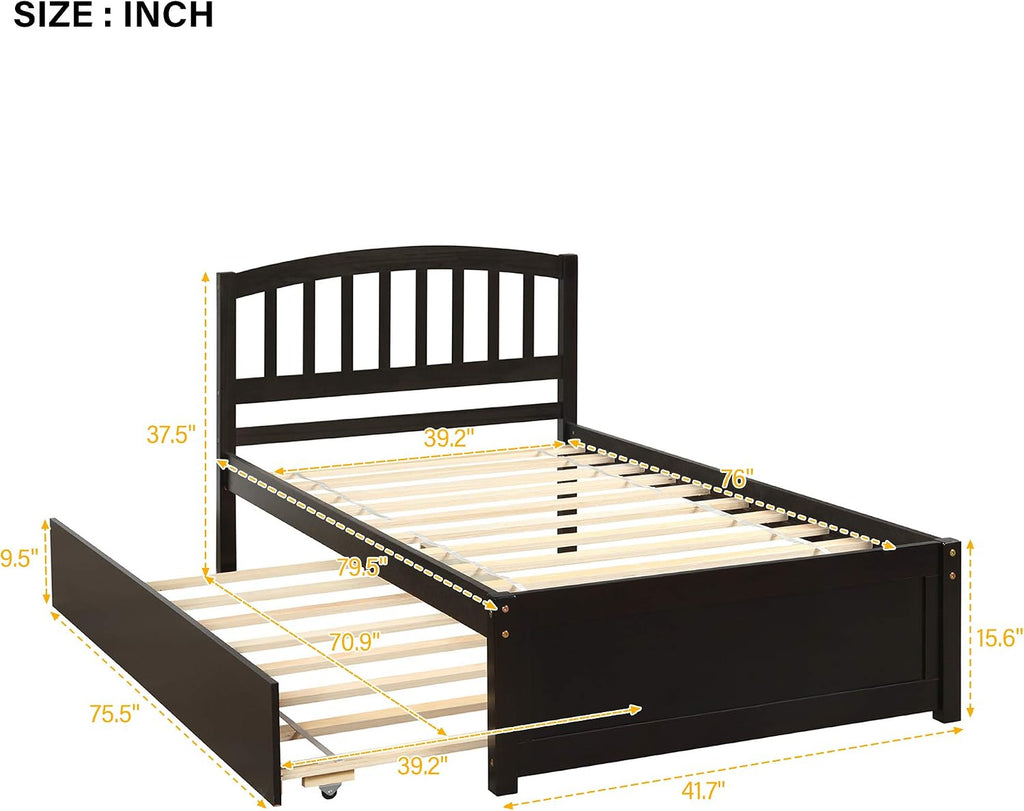 Modern Wood Platform Bed with Trundle and Headboard Classic Bed Frame No Box Spring Needed/Easy Assembly, Twin Espresso