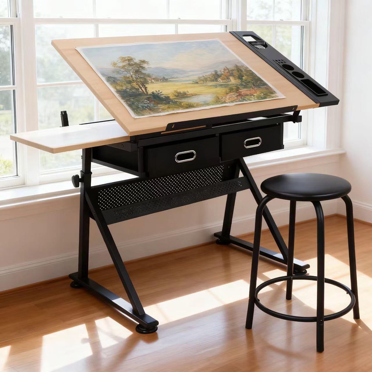 ZENY Drafting Table Art Desk Drawing Table Height Adjustable Artist Table with Tilted Tabletop, Drafting Stool and Storage Drawer for Reading, Writing, Crafting, Painting Art