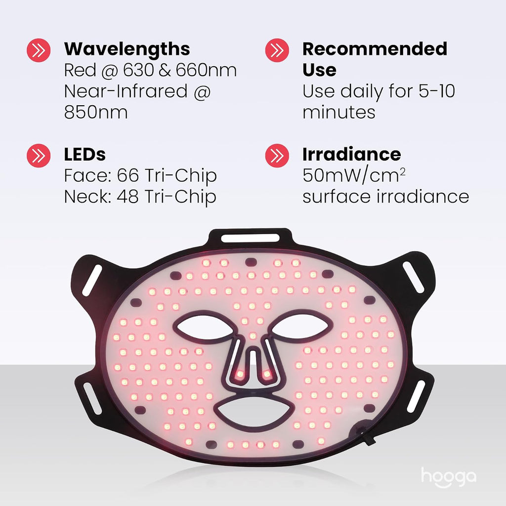 Hooga Red Light Therapy Mask – LED Face Mask, 630nm 660nm Red & 850nm Near Infrared Light Therapy, Tri Chip LEDs, Rechargeable, Adjustable Comfortable Face Mask