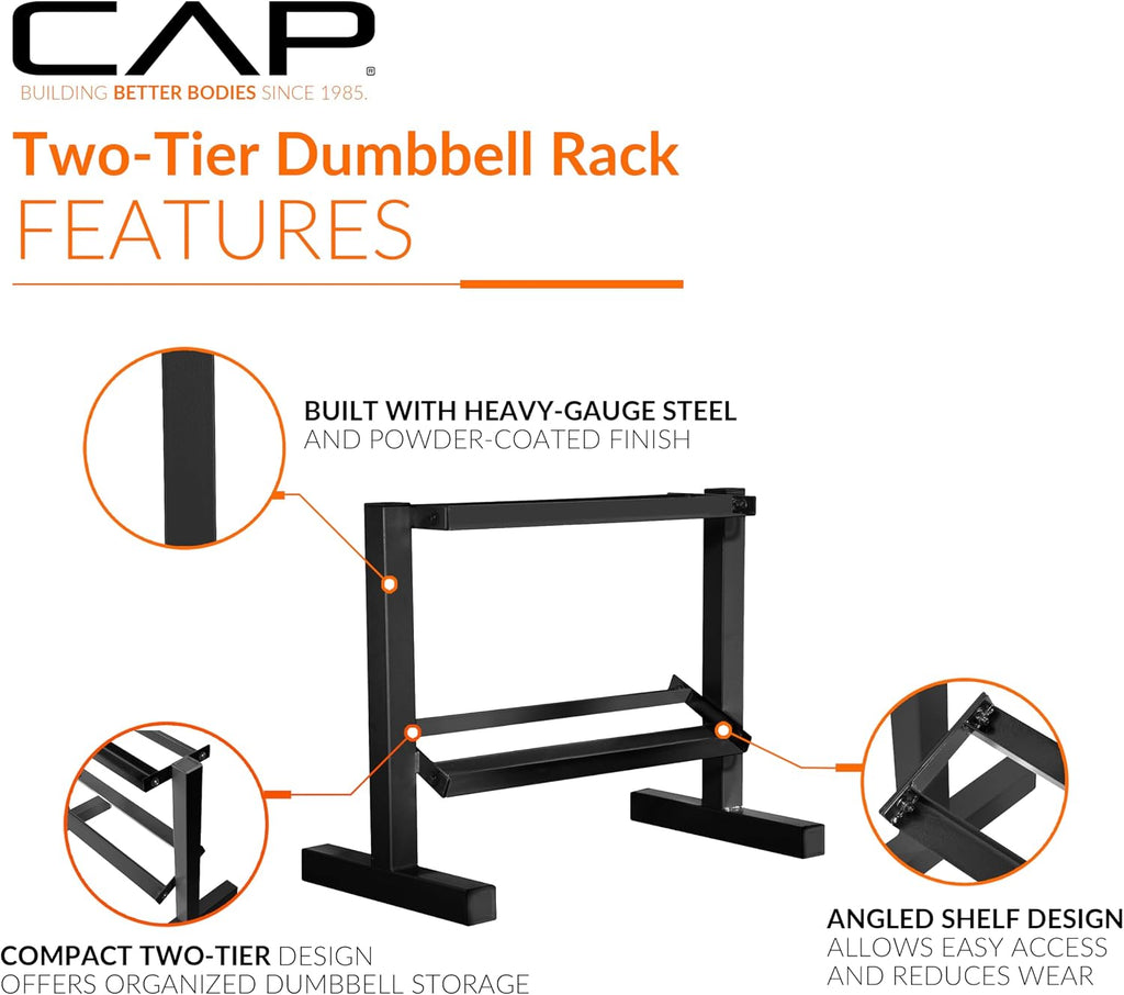 CAP 150 LB Dumbbell Set with 2-Tier Rack, Rubber Hex Free Weights Set, Home Gym Weight Set with Horizontal Storage Rack for Strength Training