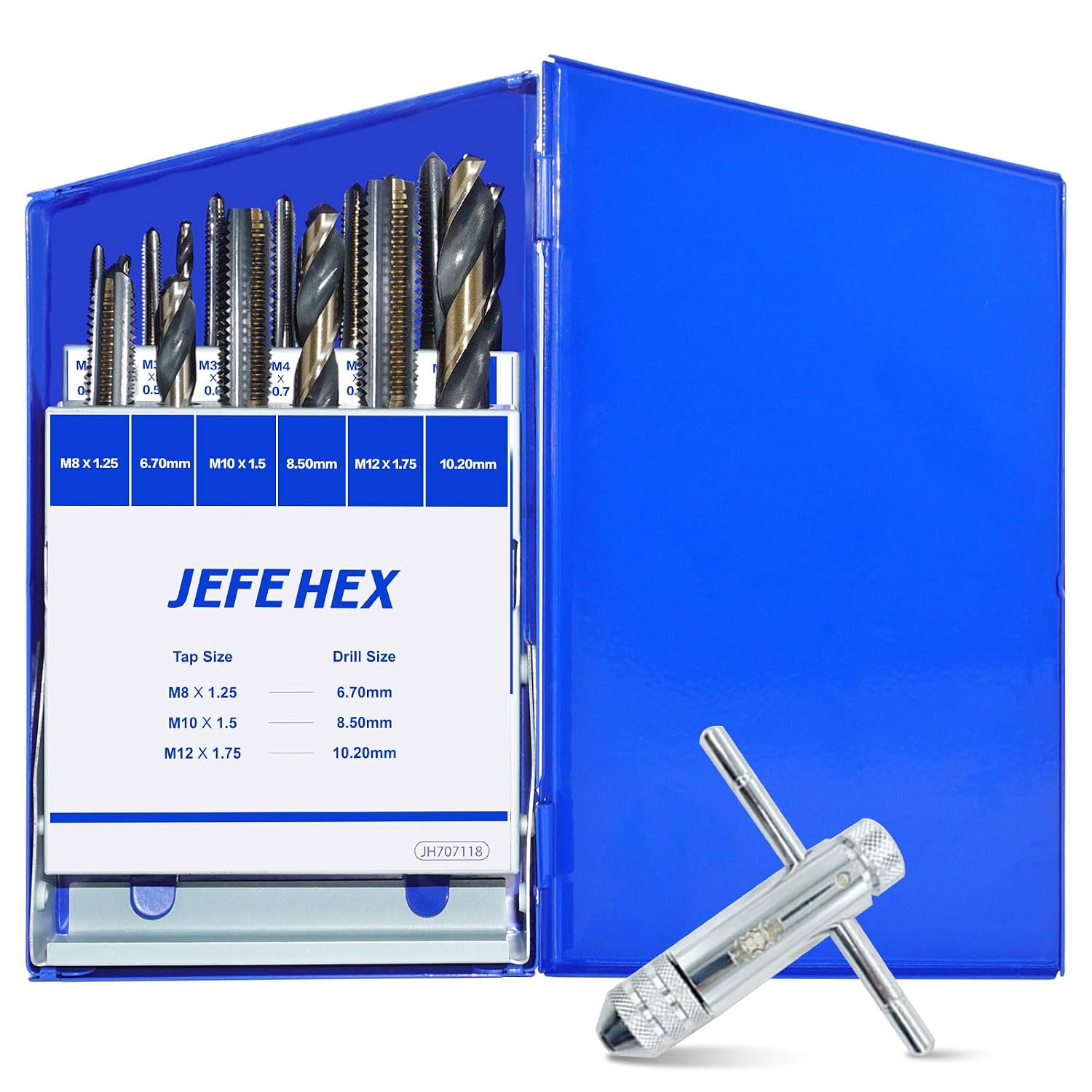 JEFE HEX 18pcs Metric Drill and Tap Set with 1 Piece T-Handle Ratchet Tap Wrench, Tap Range M2.5 * 0.45—M12*1.75, Black and Gold Premium HSS Jobber Length Drill Bits and Hand Plug Taps with Metal Box