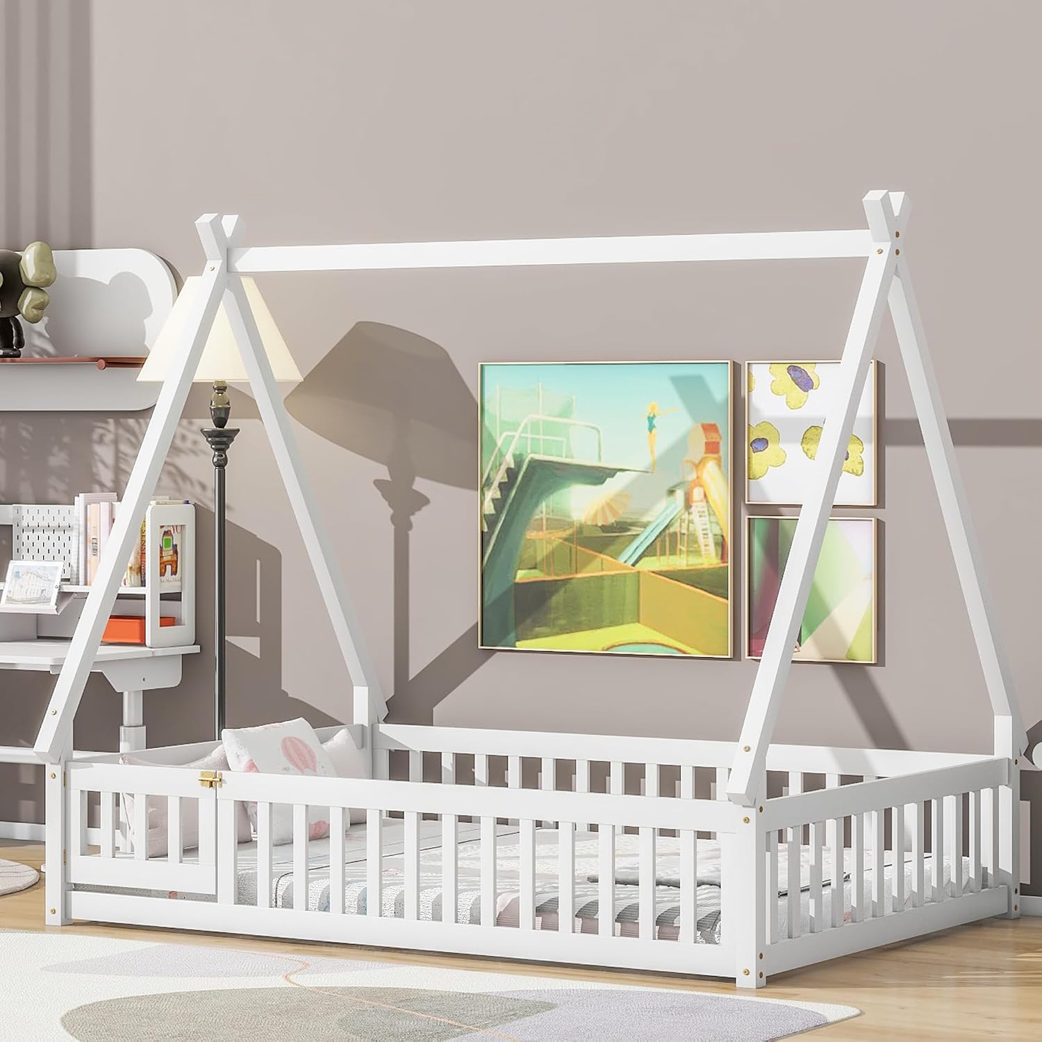 JIVOIT Full Size Tent-Shaped Floor Bed with Door, House Platform Bed Tent Bed Frame with Fence-Shaped Guardrails and Wood Slats Support, Wood Floor Play House Bed for Kids Boys Girls Teens (White,2)