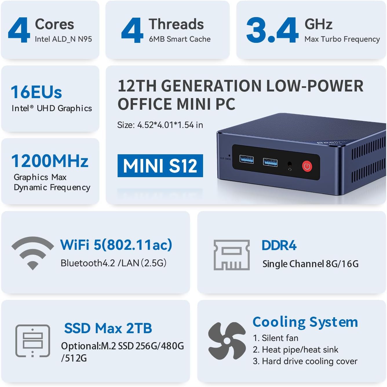 Beelink MINI S12 Mini PC with N95 Processor, 8G DDR4 480G SSD Mini Desktop PC, WiFi5, BT4.2, Dual HDMI, 2.5G LAN W-11 Home WMini Computer