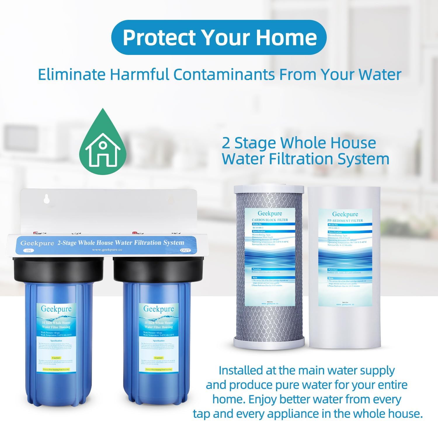 Geekpure 2 Stage Whole House Water Filter System with 10-Inch Blue Housing-1'Port