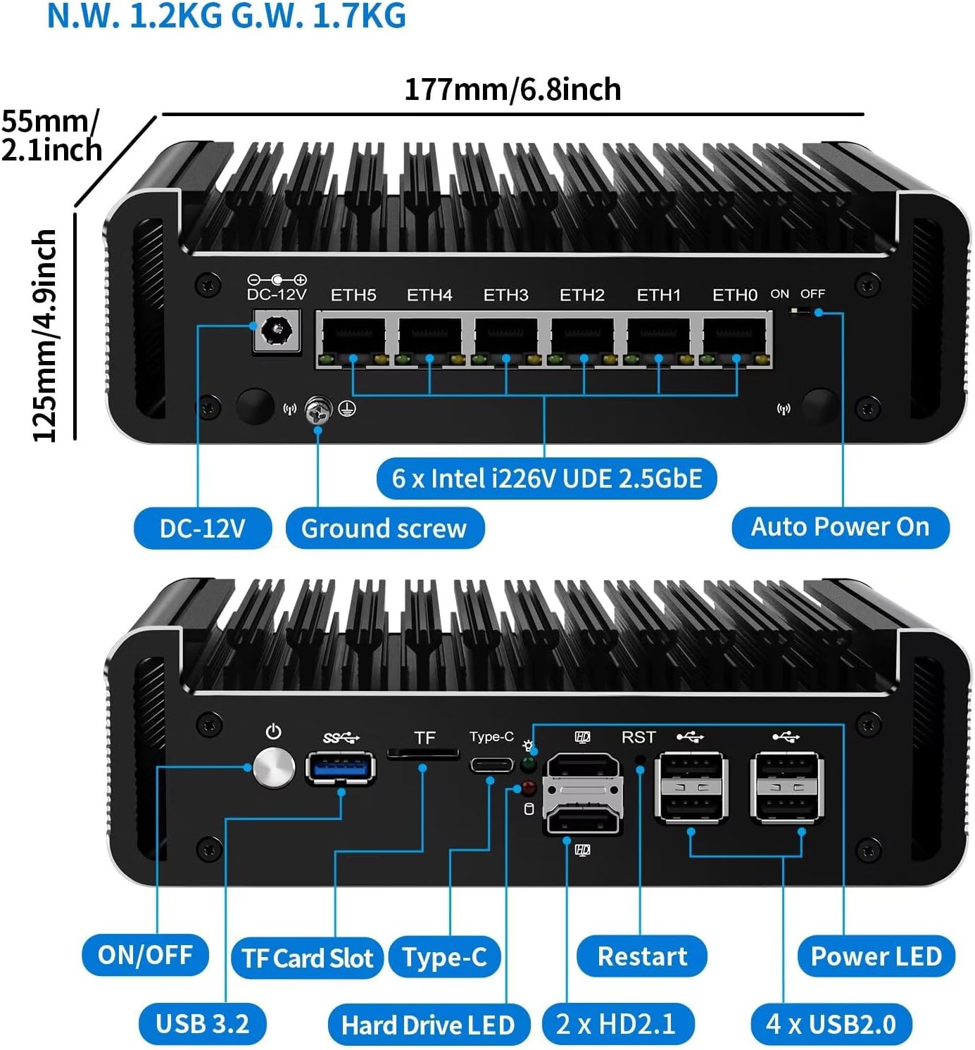 Firewall Mini PC N150 (N100 Upgrade), DDR5 8GB RAM 128GB NVMe SSD, 6 x 2.5GbE i226V LAN Fanless Computer Hardware, Micro Router Appliance, AES-NI, OPNsense, TypeC Port, TF Card Slot