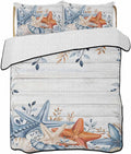 Quilt King Size Bedding Set, Orange Blue Starfish Coastal Lightweight Summer Quilt 3 Pieces Bedding Sets, Summer Beach Eucalyptus Retro Reversible Soft Bedspreads Coverlets with 2 Pillow Shams