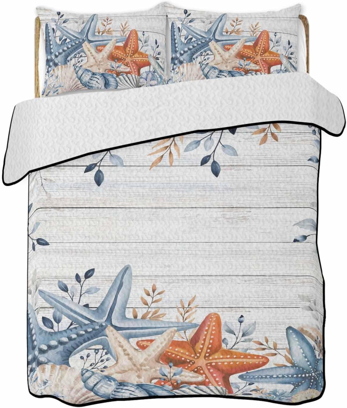 Quilt King Size Bedding Set, Orange Blue Starfish Coastal Lightweight Summer Quilt 3 Pieces Bedding Sets, Summer Beach Eucalyptus Retro Reversible Soft Bedspreads Coverlets with 2 Pillow Shams