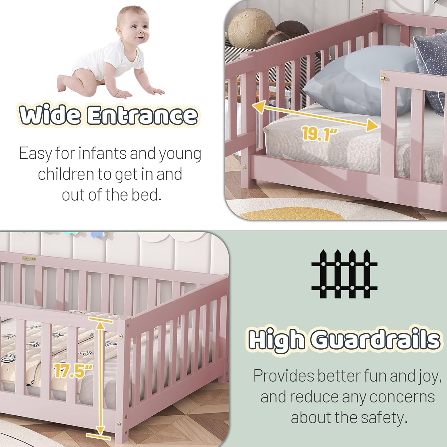 Full Size Floor Bed for Kids, Wooden Montessori Bed Frame with Door, Montessori Floor Bed with Rails for Boys and Girls, No Box Spring Needed, Pink