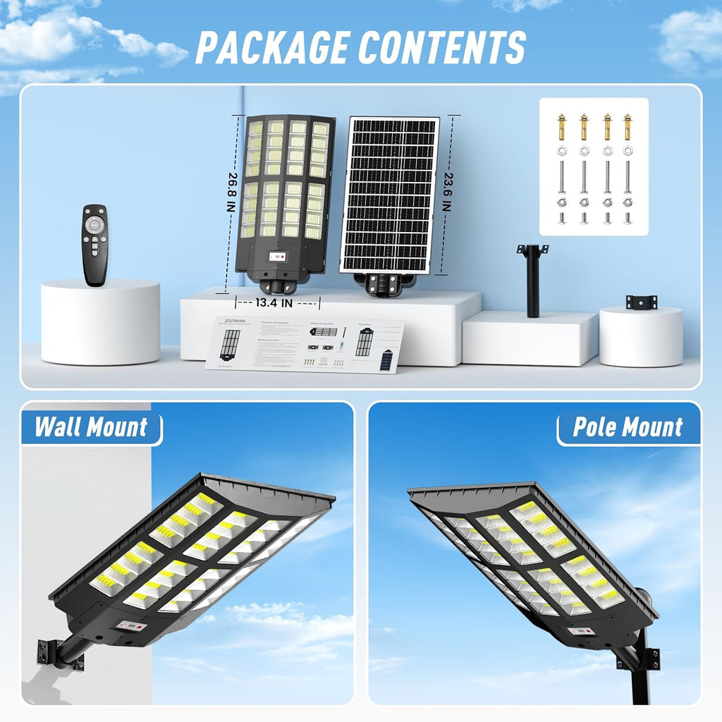 Solar Street Light 2 Pack, 9000W Solar Street Lights Outdoor Waterproof, Solar Parking Lot Lights with Remote Control & Motion Sensor, Pole or Wall Mount, for Commercial Yard Driveway Barn