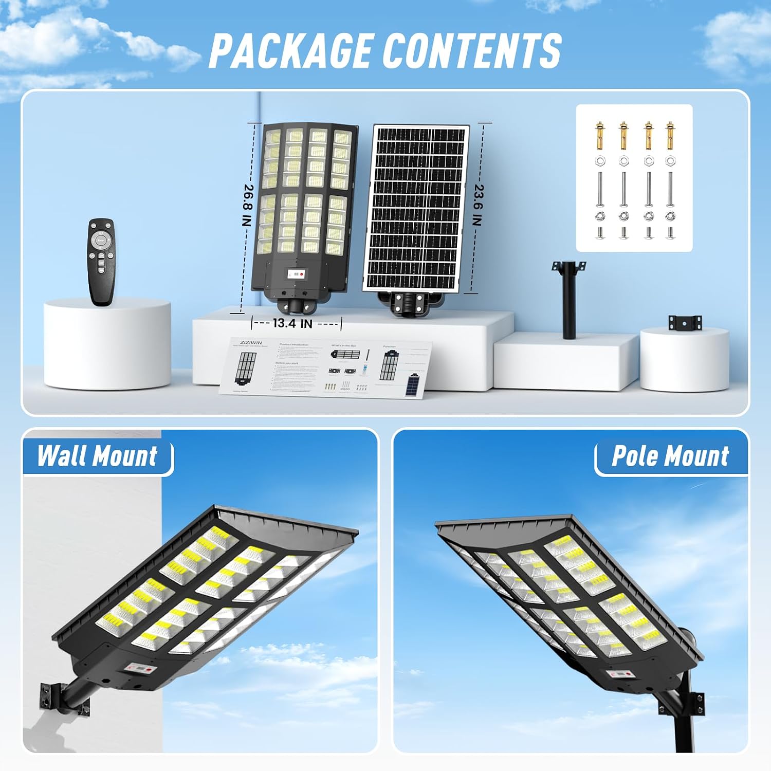 Solar Street Light 2 Pack, 9000W Solar Street Lights Outdoor Waterproof, Solar Parking Lot Lights with Remote Control & Motion Sensor, Pole or Wall Mount, for Commercial Yard Driveway Barn