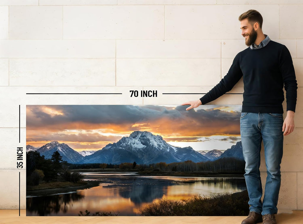 Extra Large Mountain Wall Art for Living Room Sunset Nature Grand Teton Wall Decor National Park Posters Wyoming Snake River Landscape Canvas Prints Artwork for Bedroom Office Home Decoration 35x70'
