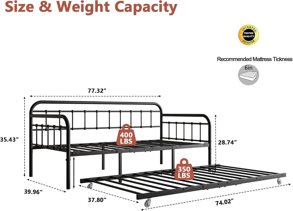 mikibama Twin Daybed with Trundle,Victorian Metal Daybeds with Pull Out Trundle,Vintage Guest Day Bed Frame Twin Size for Living Room,Bedroom,Apartment (Black with Trundle)