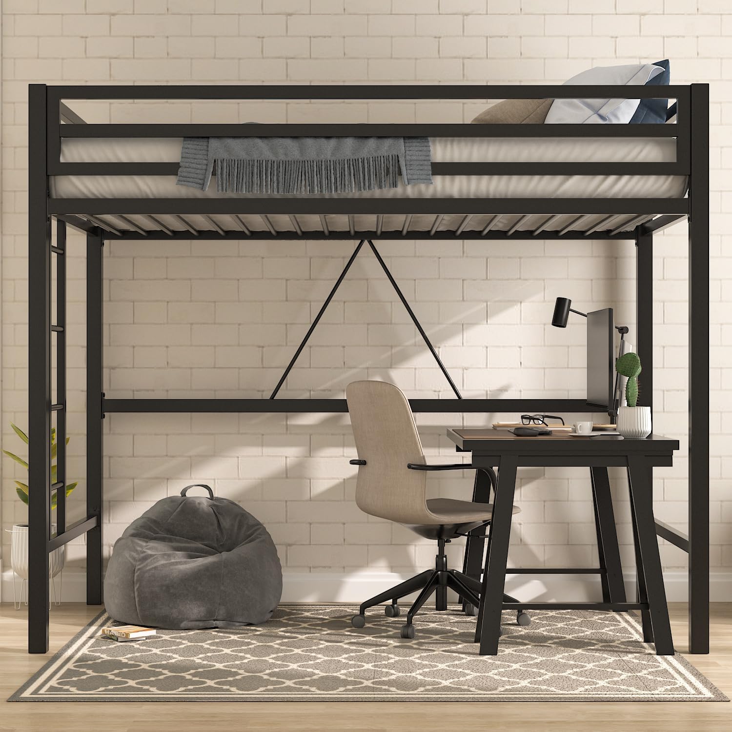 MUTICOR Twin Loft Bed Frame for Juniors and Adults with Safety Guardrail and Ladder,Metal Slats Support, Small Space Saving Furniture for Bedroom Kids Room and Dorm,Black