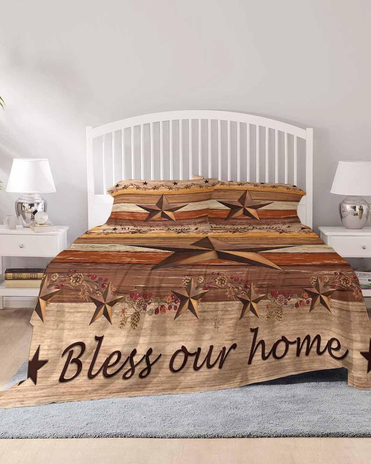 Western Texas Star Vintage Cal King Sheet Set 4 Piece Bedding - Farmhouse Brown Wood Grain Breathable Comfy Cooling Bed Sheets & Pillowcase Sets, Hotel Luxury Flat Sheets Deep Pockets Fitted Sheet