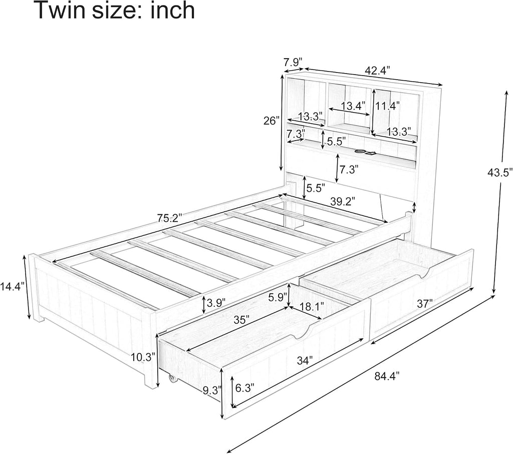 LUMISOL Twin Bed Frames with Charging Station and LED Lights, Wood Platform Bed with Bookcase Headboard and 2 Drawers, No Box Spring Needed, Espresso
