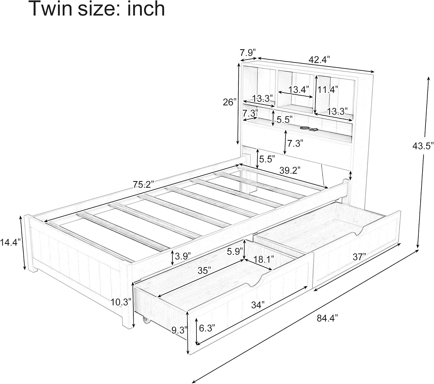 LUMISOL Twin Bed Frames with Charging Station and LED Lights, Wood Platform Bed with Bookcase Headboard and 2 Drawers, No Box Spring Needed, Espresso