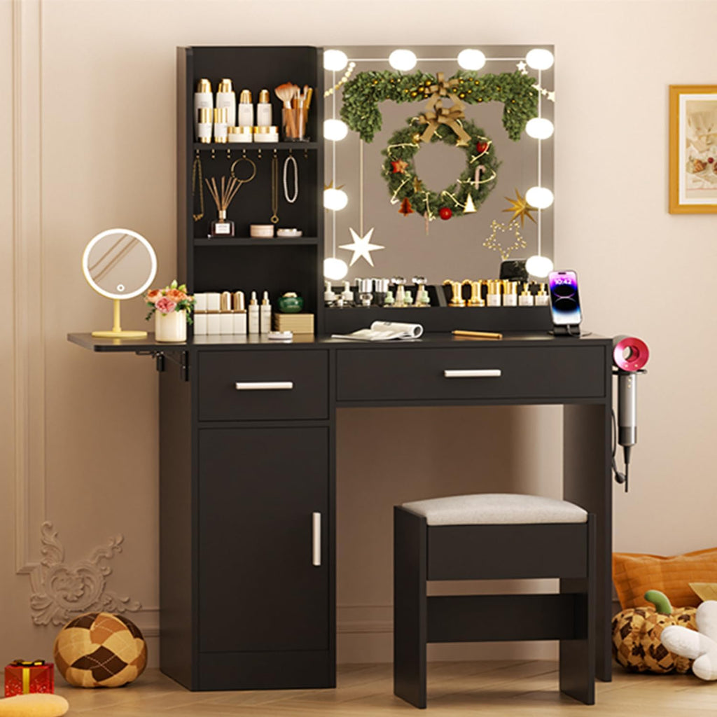 ERLEJIA Vanity Desk with Mirror and Lights, 43.3' Makeup Desk with Stool and Power Outlet, 5 Drawers and Open Shelves Make Up Table for Bedroom, Black