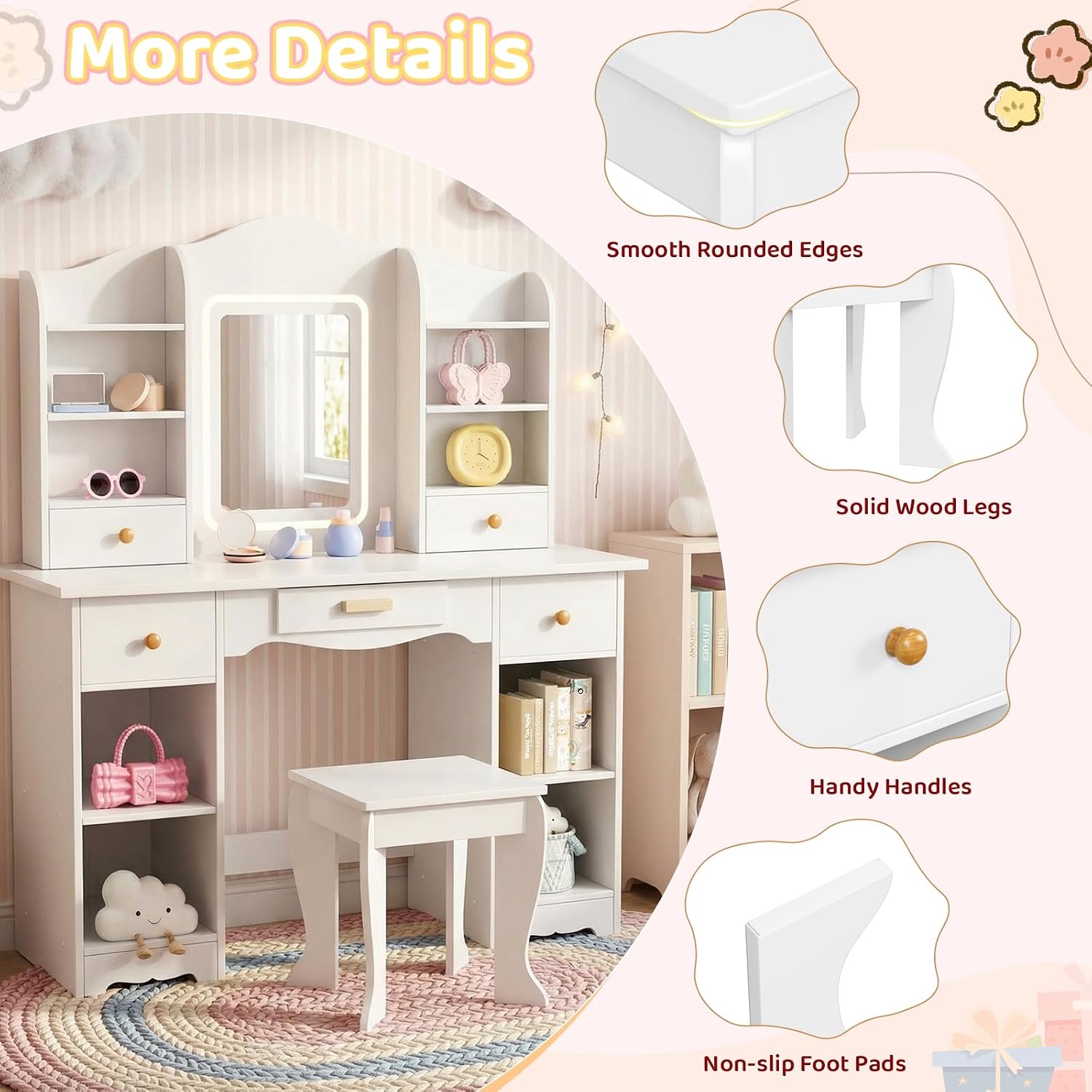 Arlopu Kids Vanity with 3-Color Lights, Girls Vanity Set w/Large Storage, Mirror ＆ Stool, 2 in 1 Princess Wooden Pretend Play Makeup Desk, Dressing Table and Chair, Open Shelves, Drawer (White)