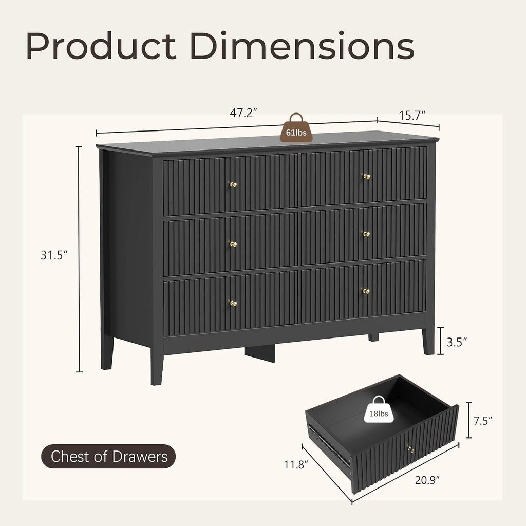 Black Dresser for Bedroom, 6 Drawers Fluted Chest of Drawers with Storage, Modern 47'' Wide Dresser with Paint Design, Wood Drawer Organizer Dressers for Entryway, Hallway