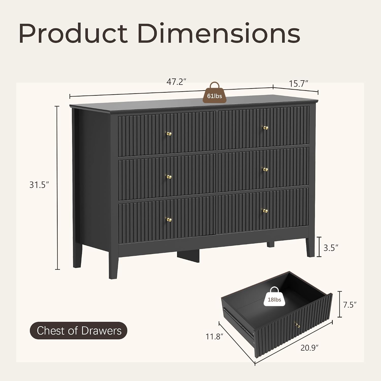 Black Dresser for Bedroom, 6 Drawers Fluted Chest of Drawers with Storage, Modern 47'' Wide Dresser with Paint Design, Wood Drawer Organizer Dressers for Entryway, Hallway