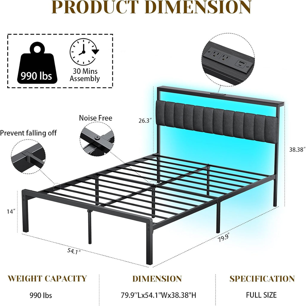 Full Bed Frame with Headboard, Sturdy Metal Bed Frame with Led Light&Charging Station, Bed Frame Full Size Noise-Free/AssemblyEasily, Double Bed Frame for Individual, Black Full Size Bed Frame