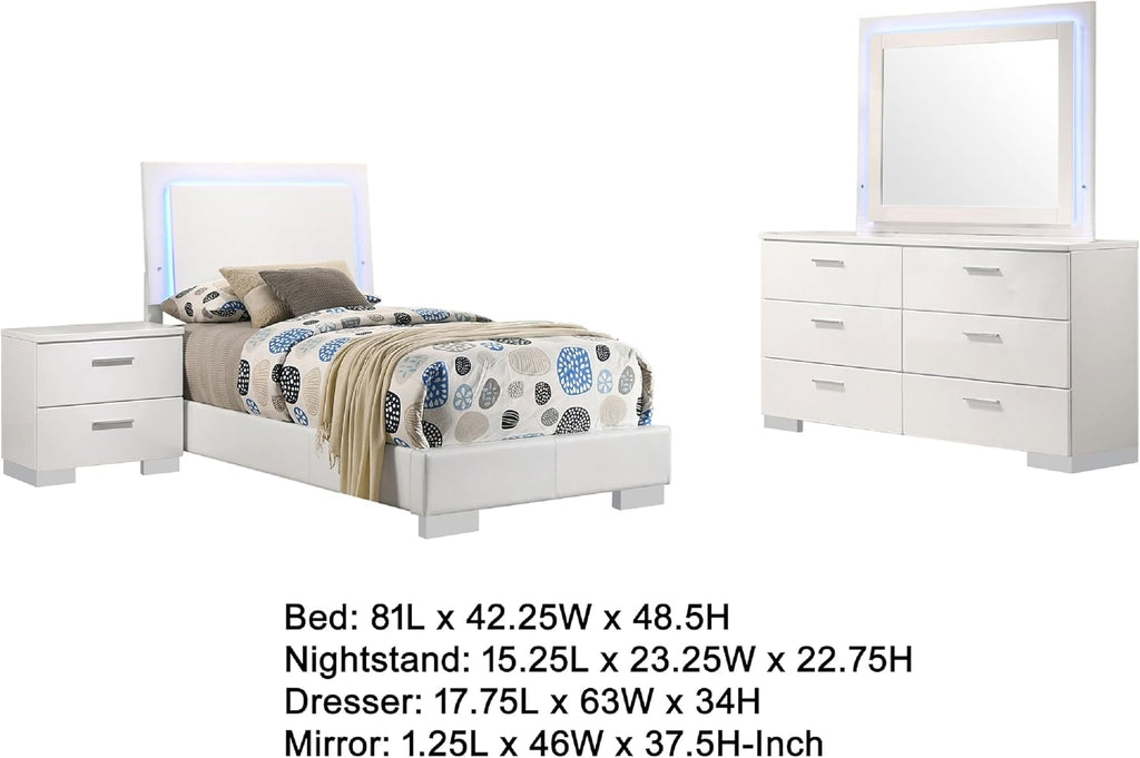 Benzara Sok 4pc Twin Bedroom Set, Blue LED Lights, Faux Leather, White Wood