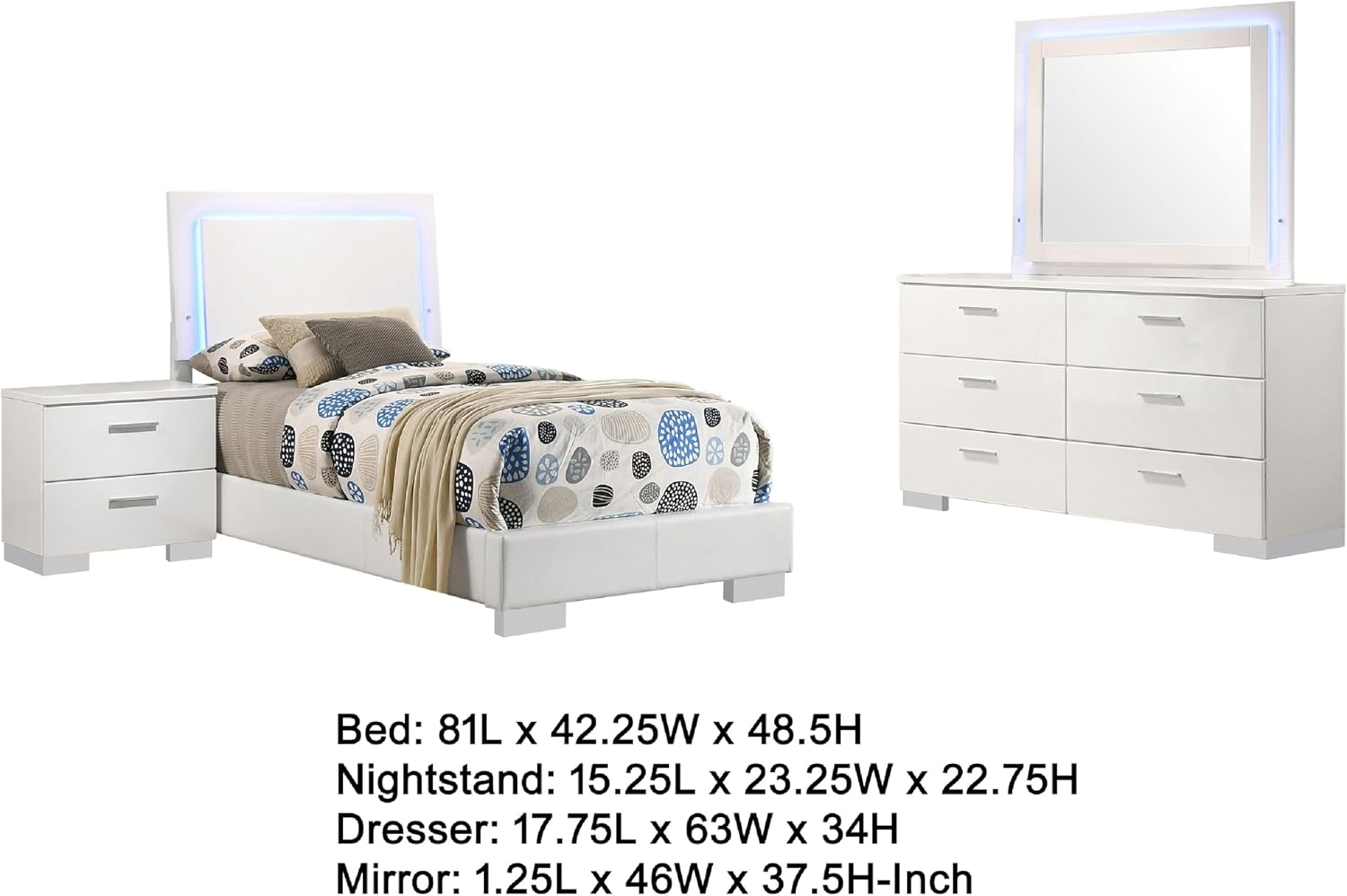 Benzara Sok 4pc Twin Bedroom Set, Blue LED Lights, Faux Leather, White Wood